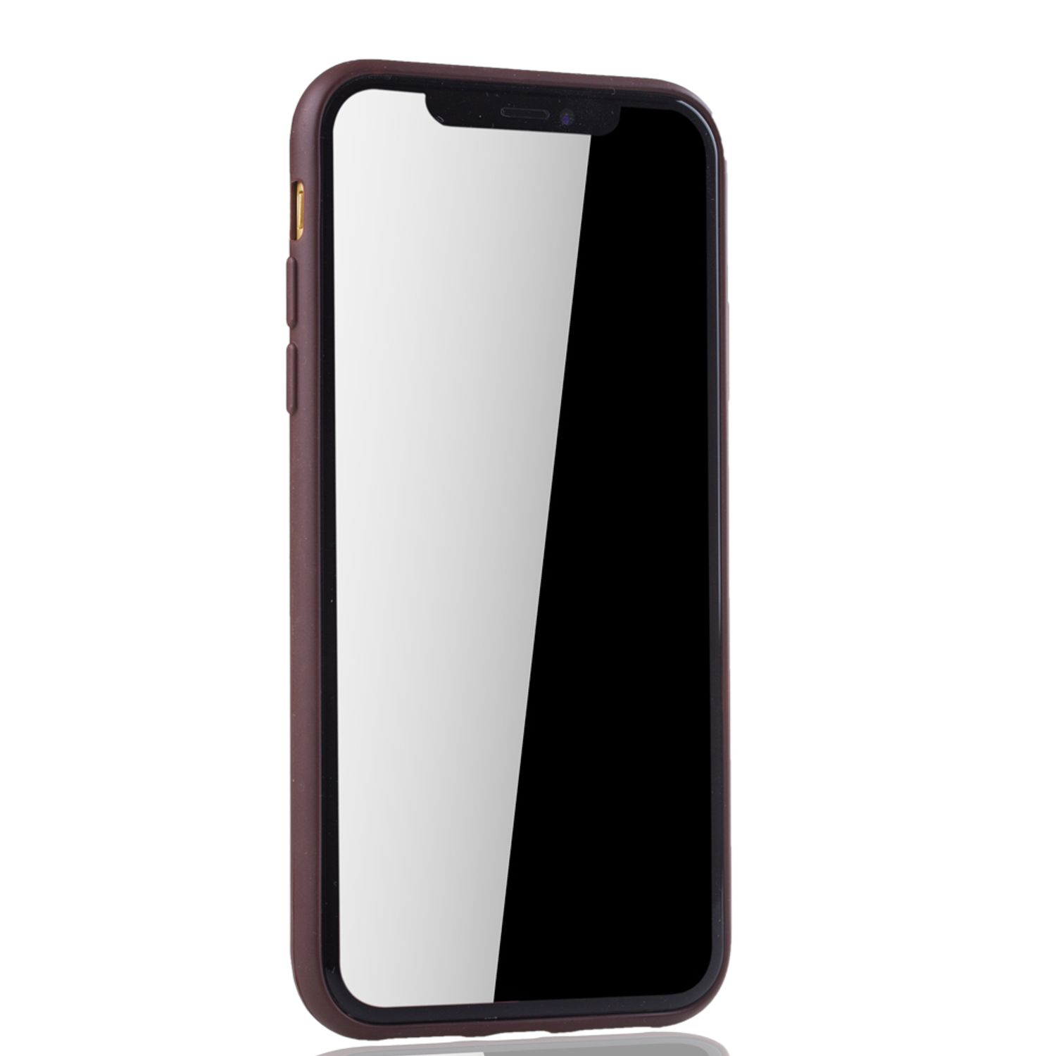 Smartphone mit braunem Gehäuse, schwarzem Bildschirm und goldener Taste.