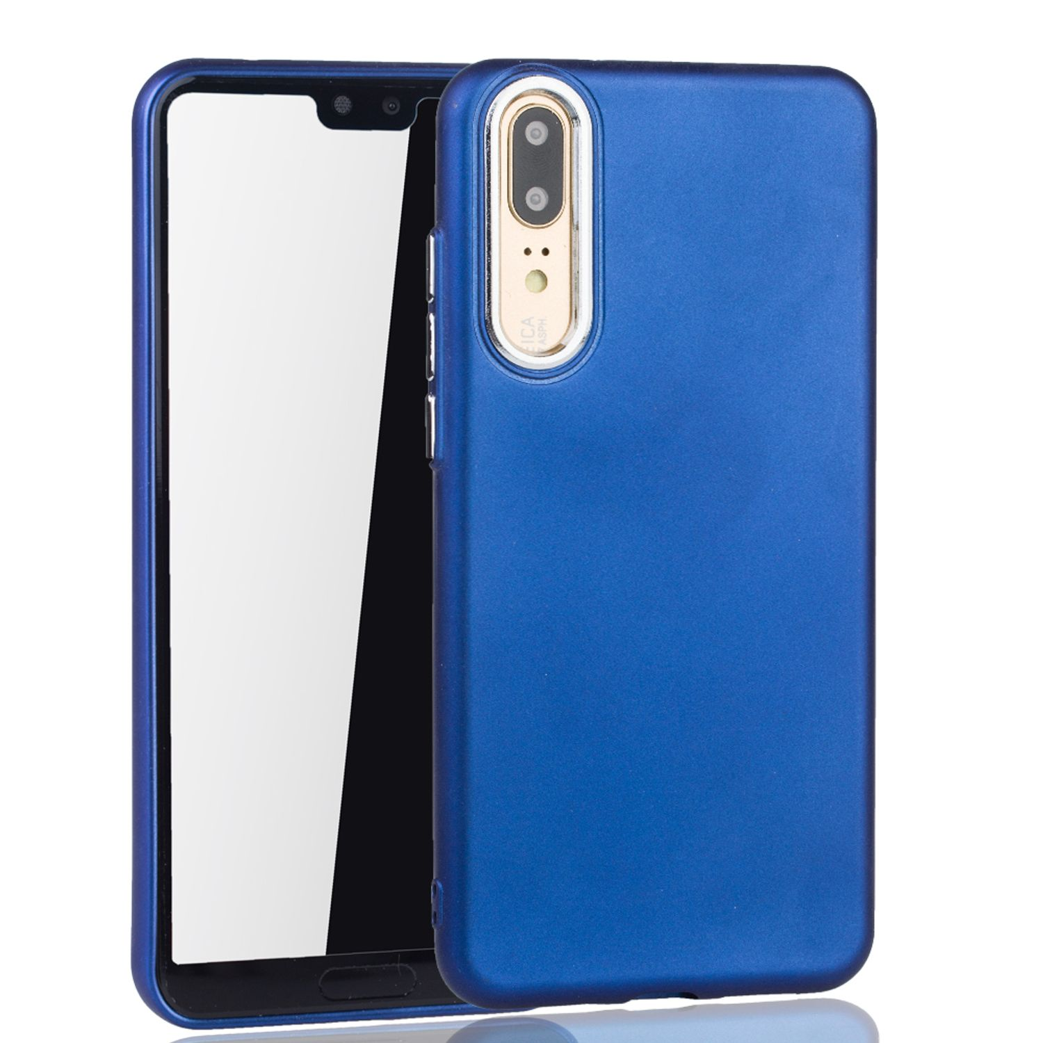 Blaue Handyhülle mit Telefon. Zwei Kameras. Weißer Hintergrund.