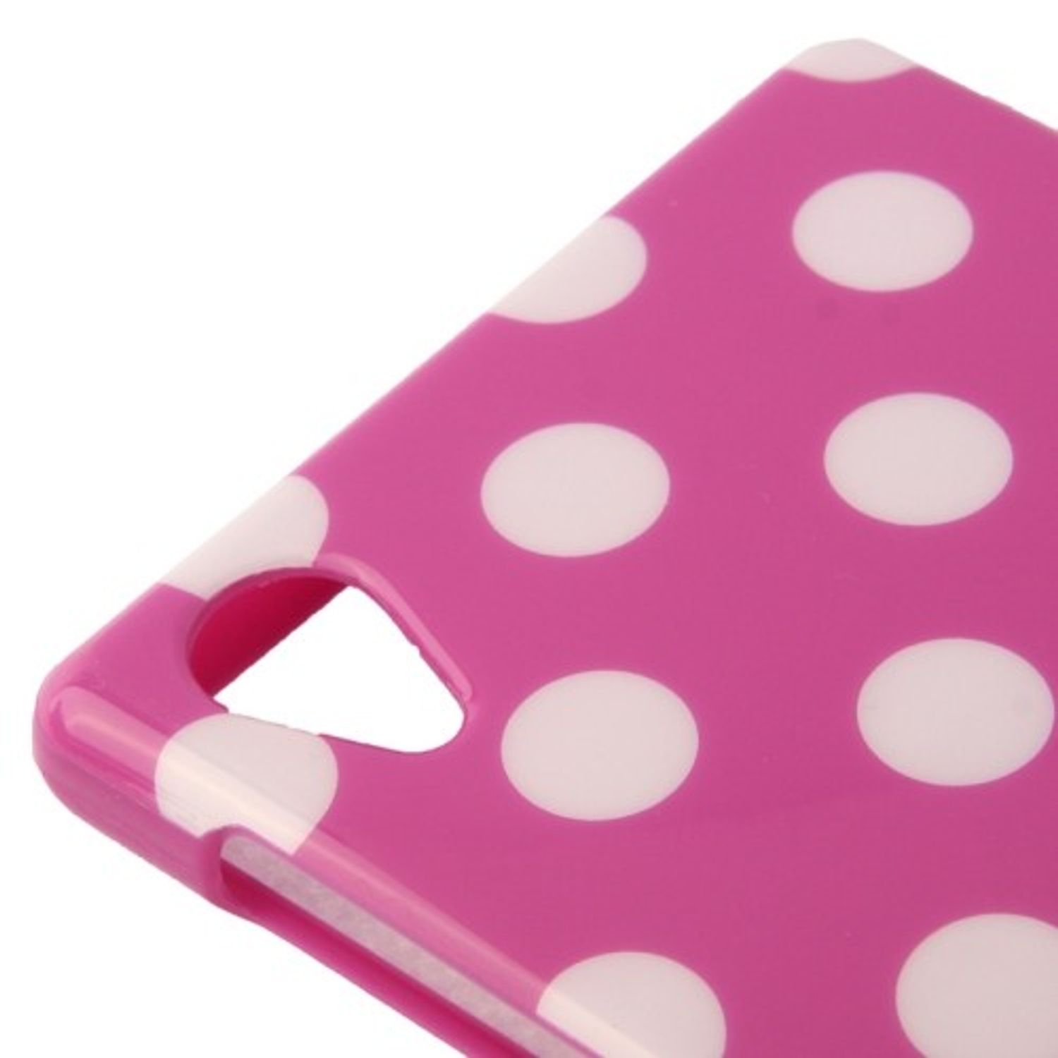 Rosa Handyhülle mit weißen Polka Dots. Der Hintergrund ist weiß.