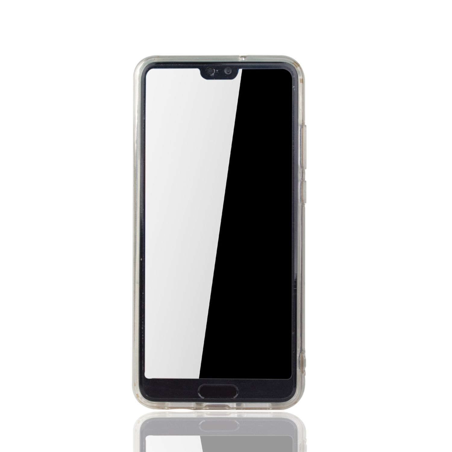 Smartphone in klarer Hülle, schwarzer Bildschirm, weißer Hintergrund.
