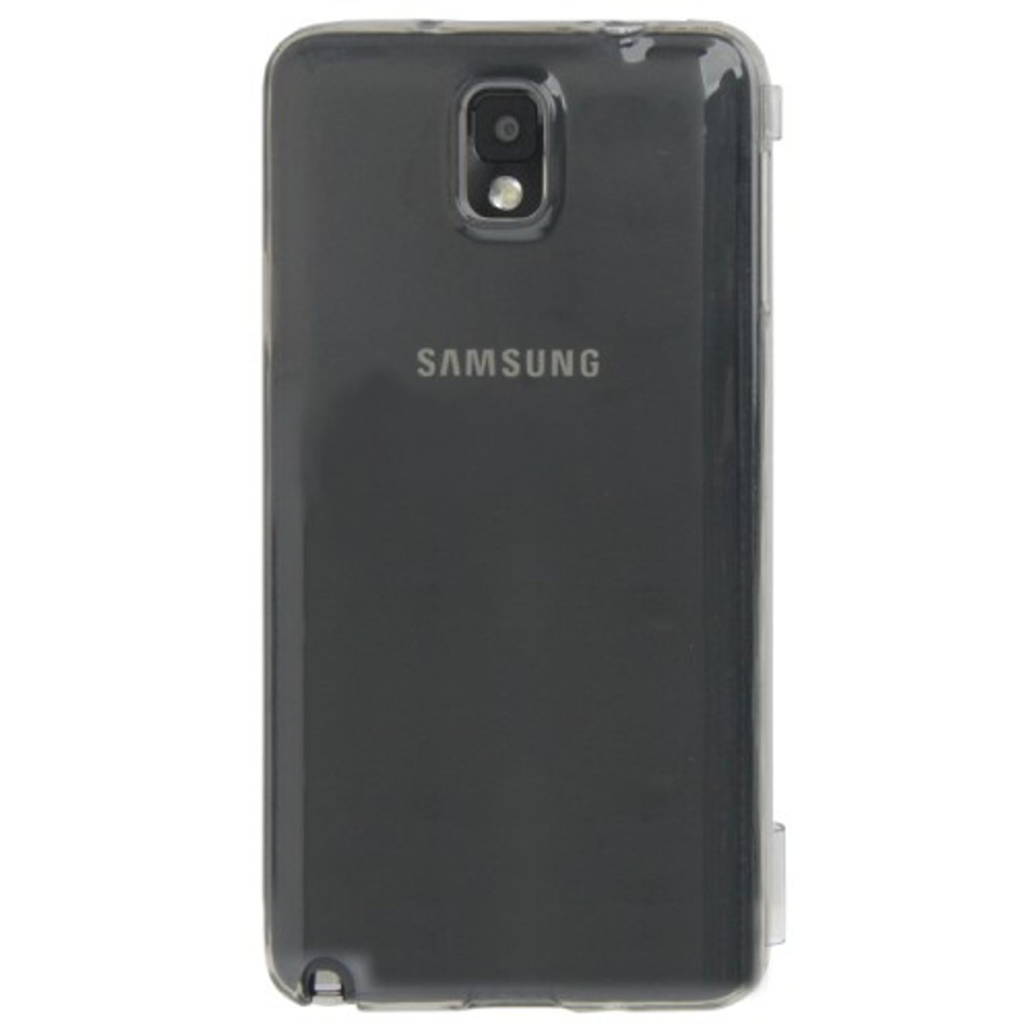 Schwarze Samsung-Handyhülle. Die Rückseite des Telefons und eine Kamera sind sichtbar.