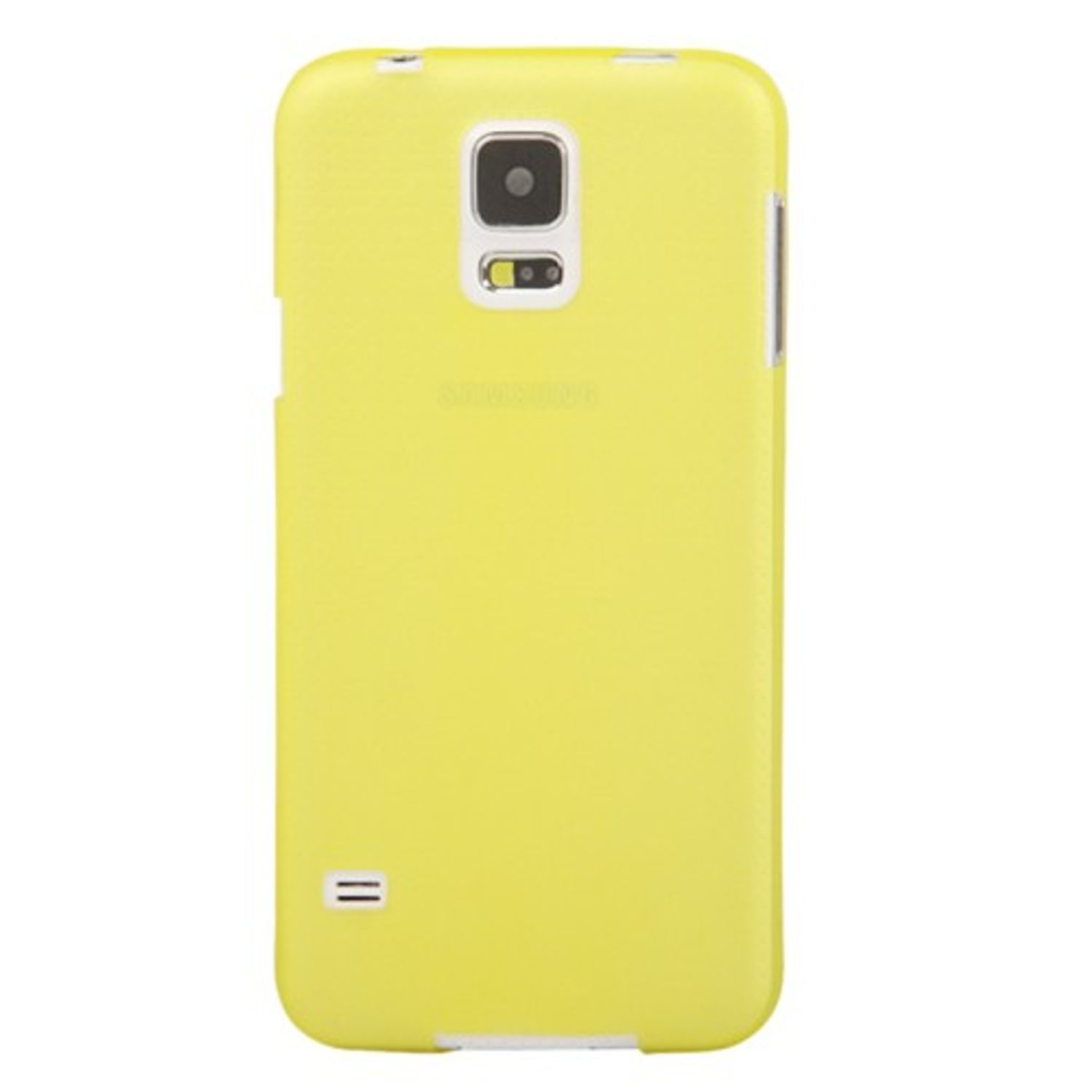 Eine gelbe Handyhülle mit Kamera und Samsung-Logo auf der Rückseite.