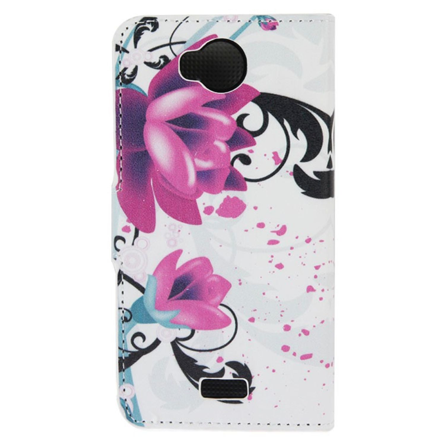 Weiße Handyhülle mit floralem Design in Rosa und Schwarz. Die Hülle hat einen Klappverschluss.