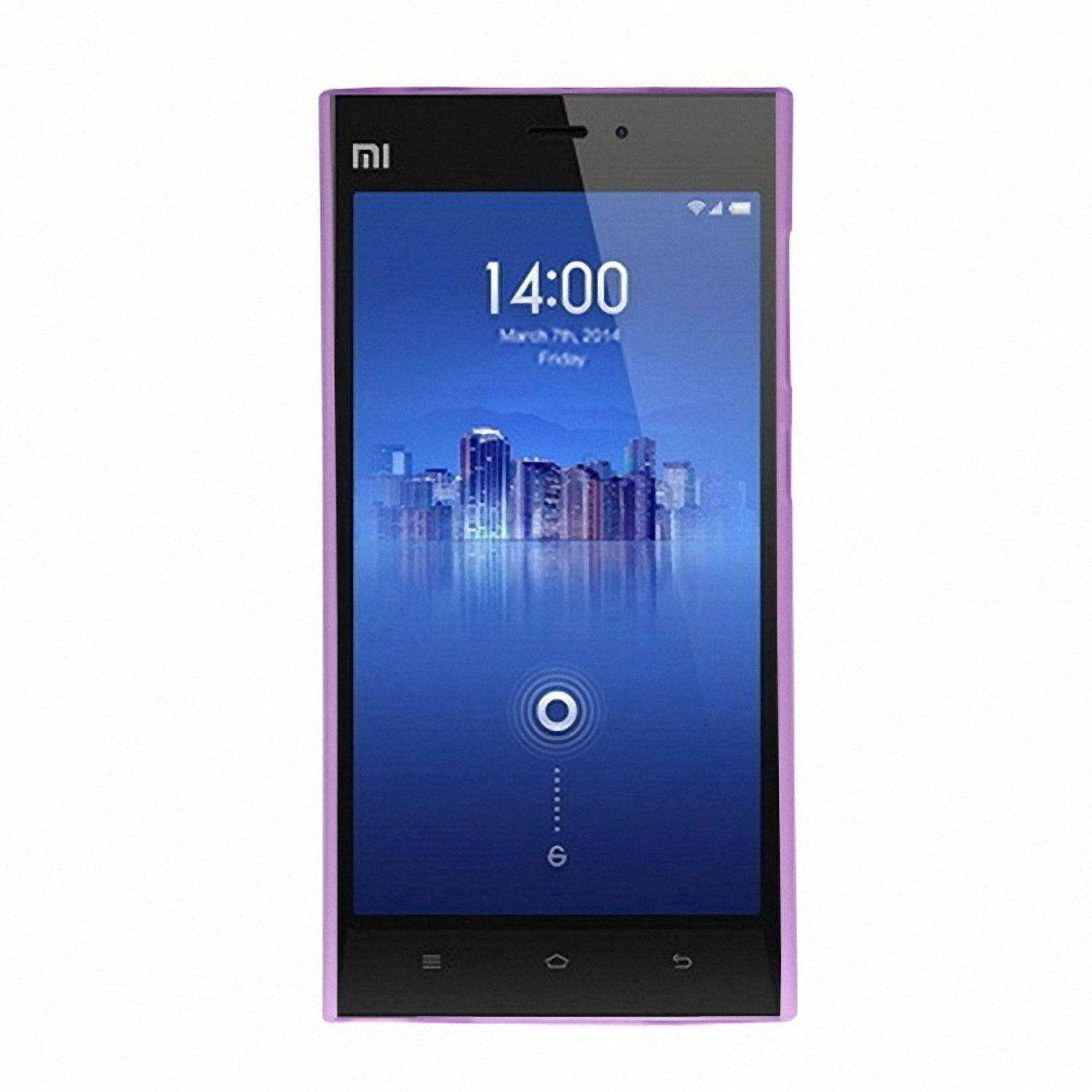 Schwarzes Smartphone mit pinkfarbenem Rahmen und beleuchtetem Bildschirm. Die Uhrzeit wird angezeigt.