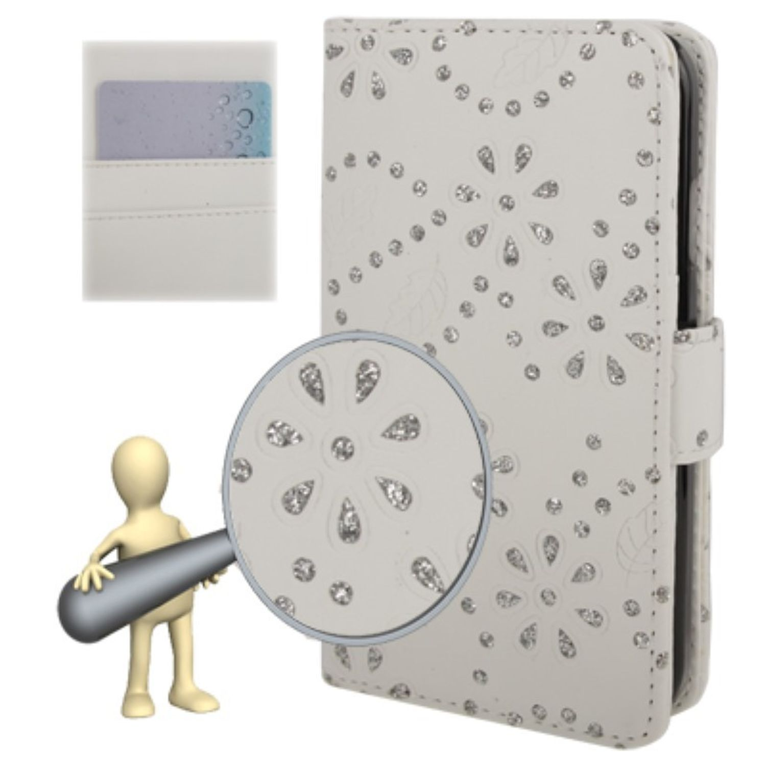 Weiße Handyhülle mit Diamanten-Design, offen, mit Karte. 3D-Person und Lupe daneben.