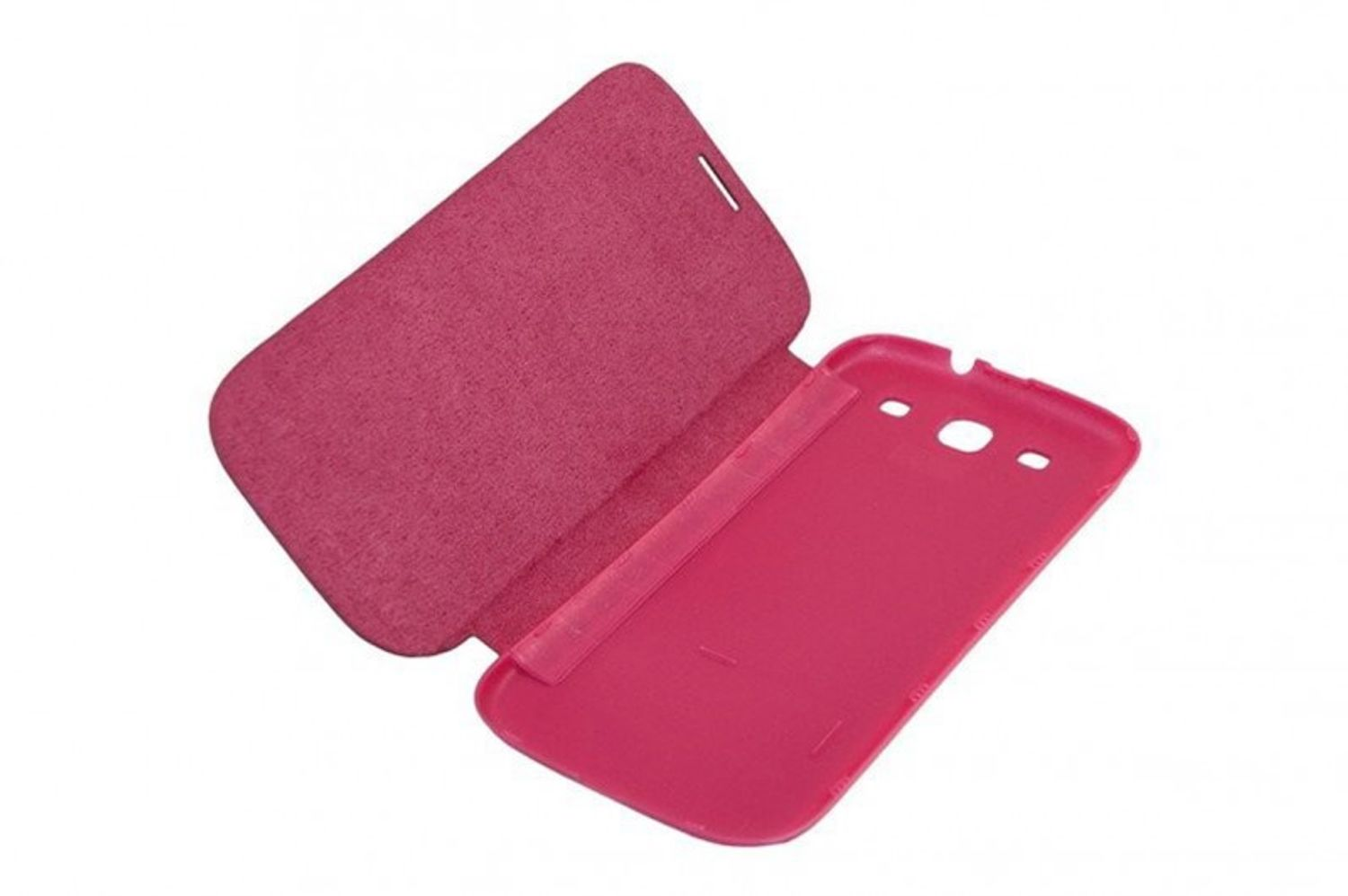 Pinke Handyhülle, offen. Hellrosa innen. Weißer Hintergrund.