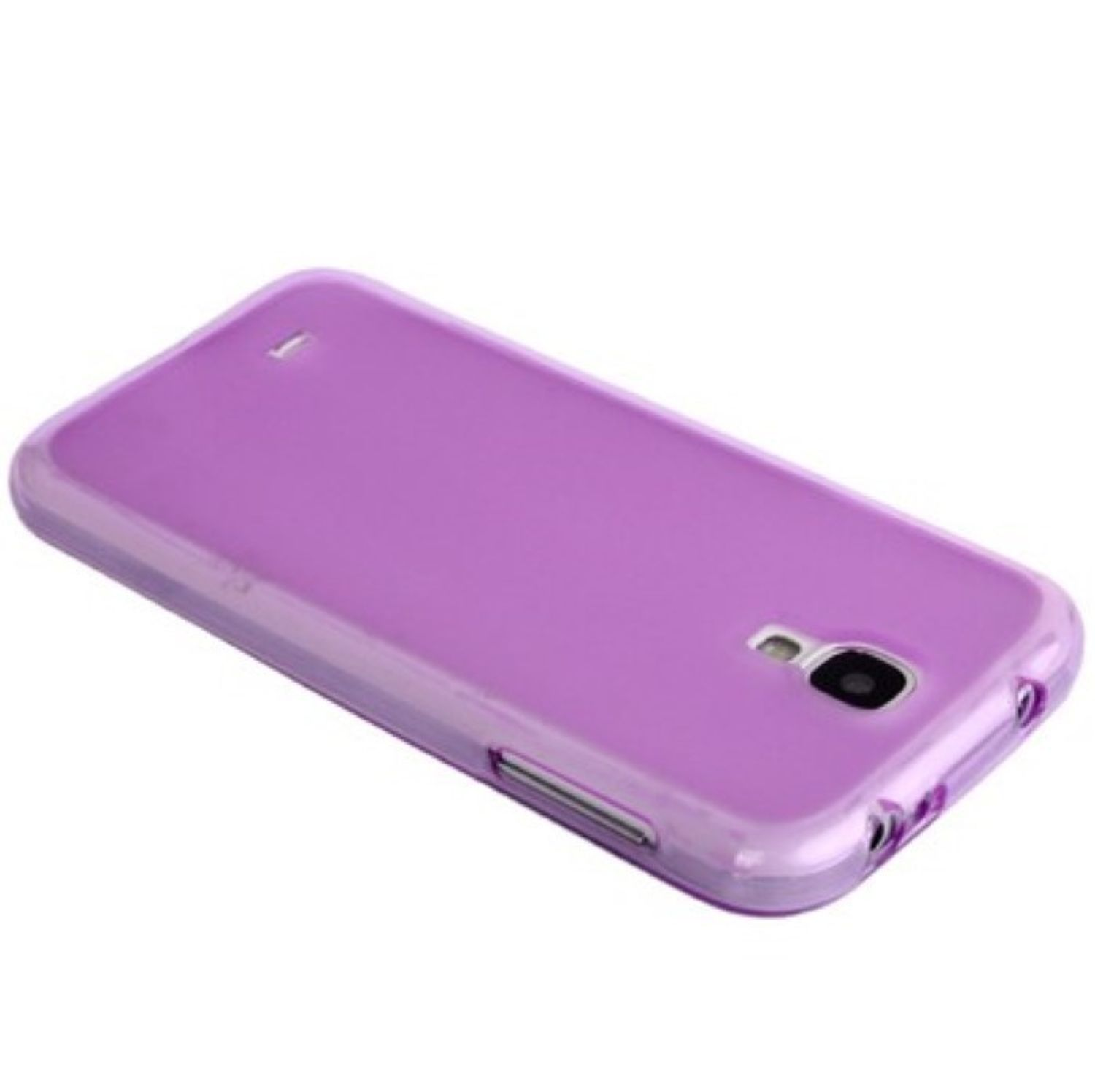 Violette Handyhülle, transparent, mit Kamera- und Lautsprecheröffnungen.