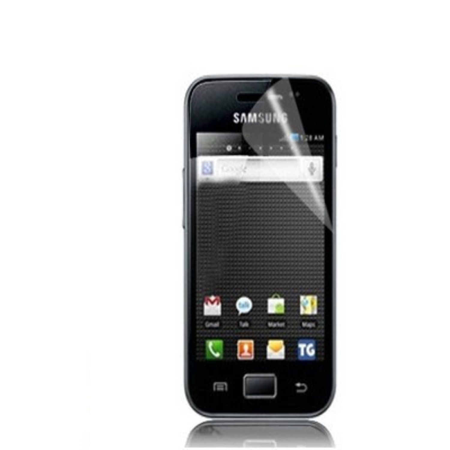Schwarzes Smartphone mit Displayschutz, zeigt eine Website und Apps.