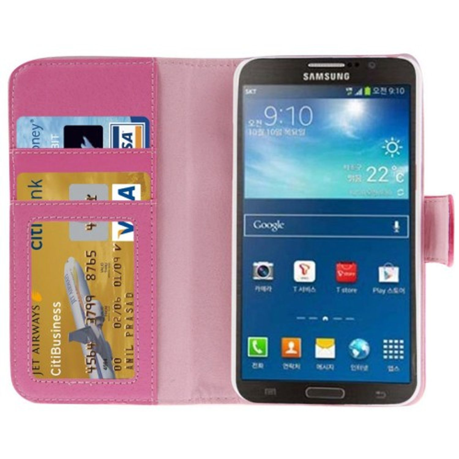 Rosa Handyhülle mit Kartenfächern und Samsung-Handy, das Zeit und Wetter anzeigt.