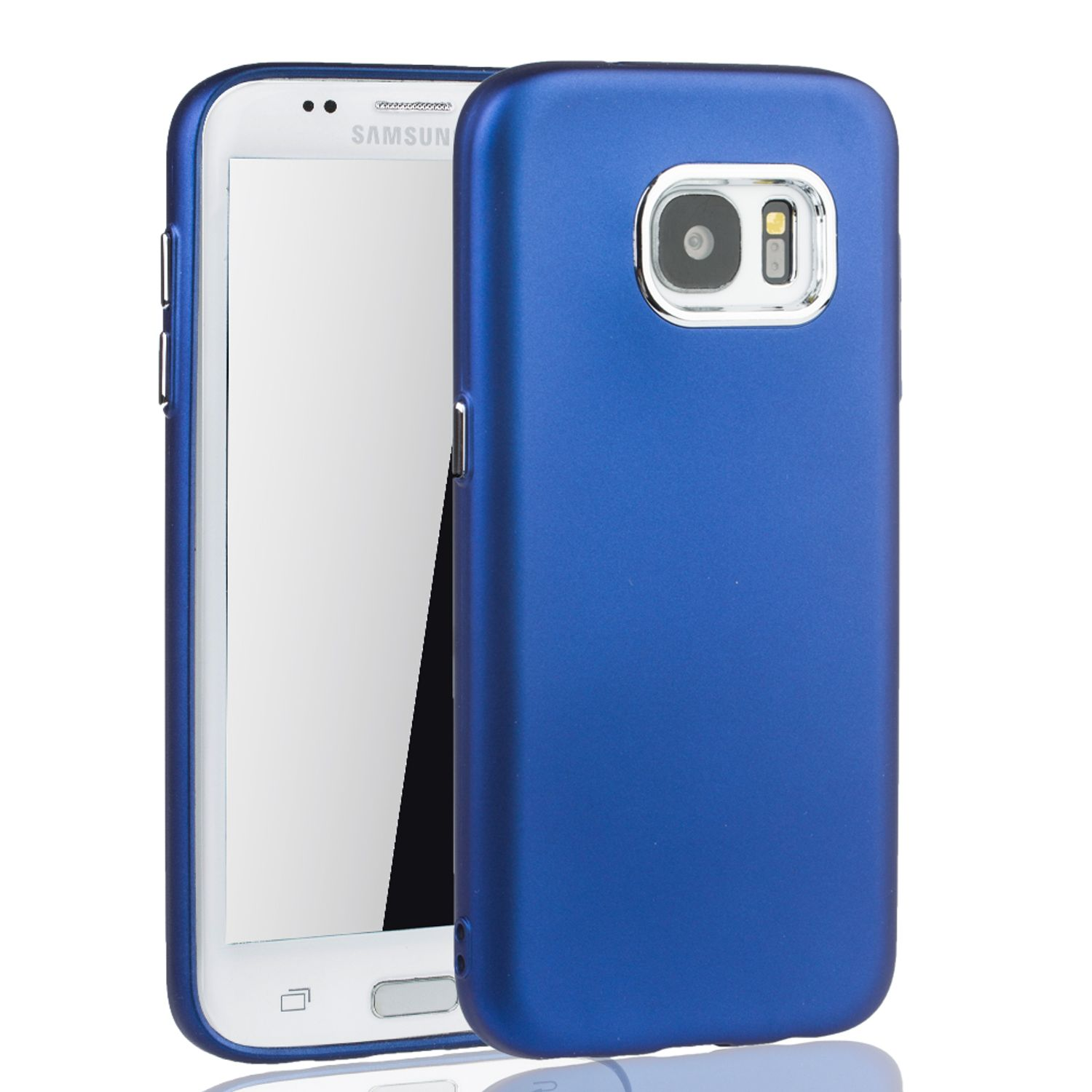 Blaue Handyhülle mit Telefon. Weißer Hintergrund.