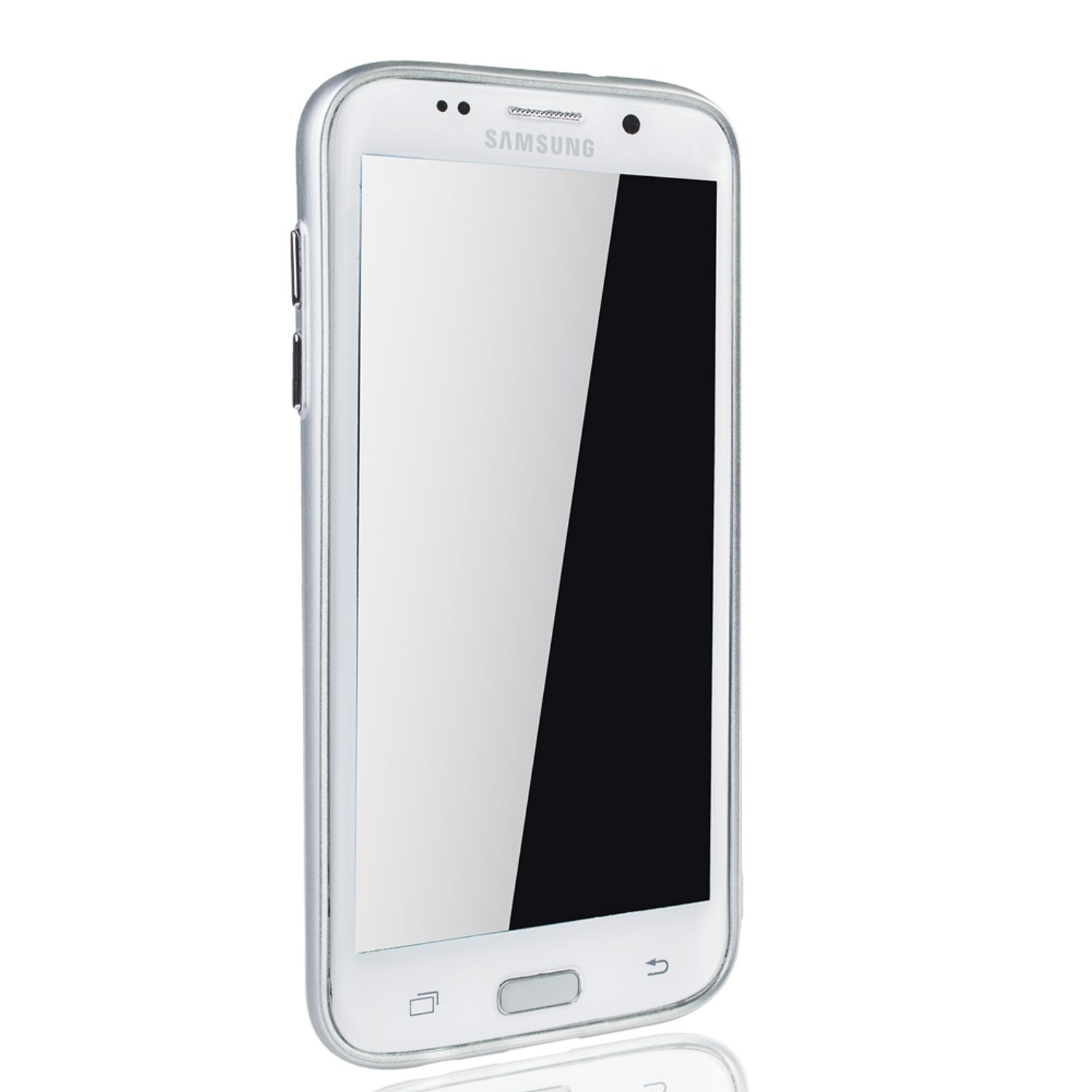Weißes Smartphone mit transparentem Gehäuse. Der Bildschirm ist leer.