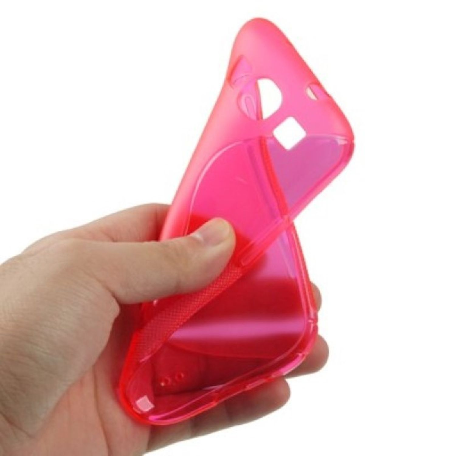 Eine Hand, die eine pinkfarbene, transparente Handyhülle hält. Die Handyhülle befindet sich auf weißem Hintergrund.
