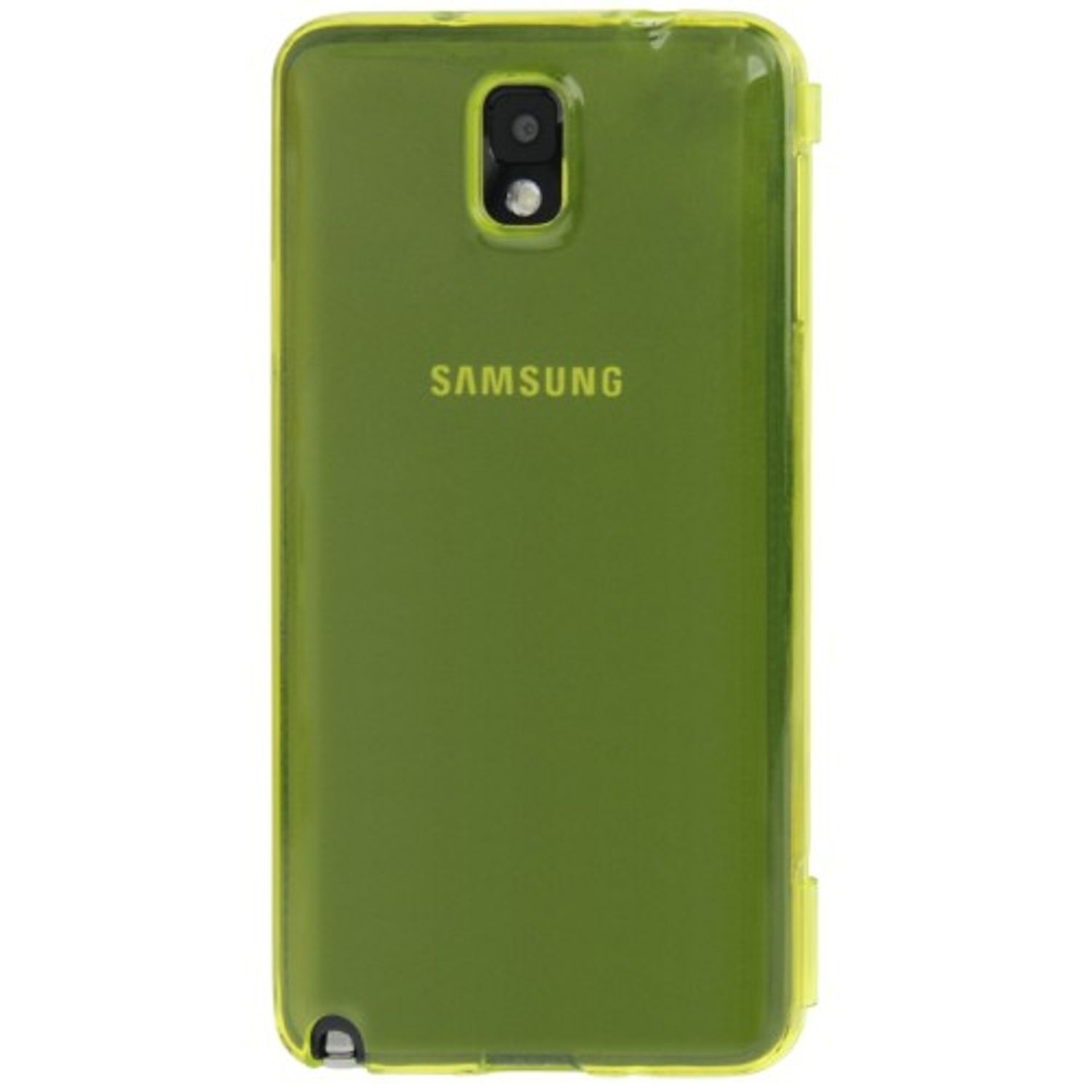 Grüne Handyhülle mit dem Wort SAMSUNG auf der Rückseite, isoliert auf Weiß.