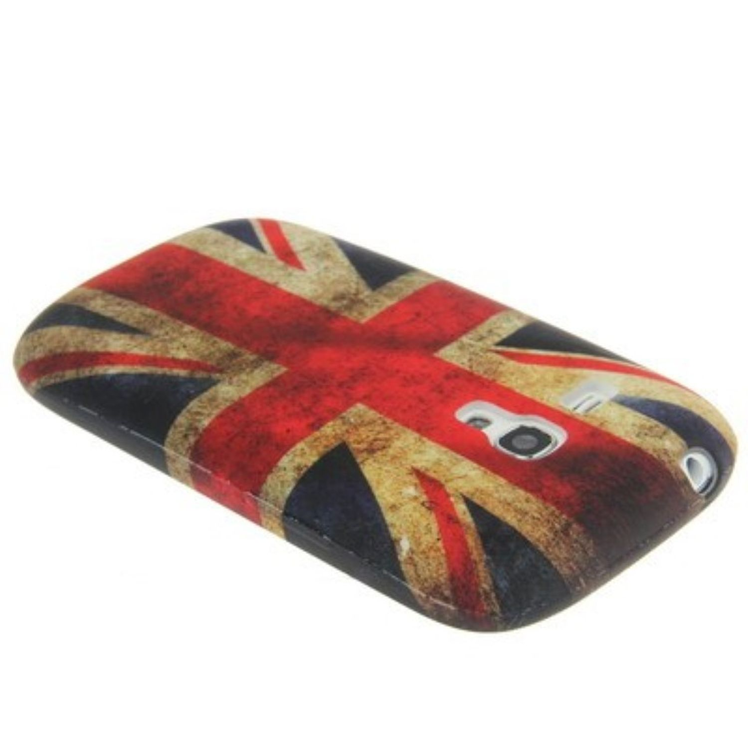 Handyhülle mit einem Union Jack Design im Used-Look. Weißer Hintergrund. Angesicht von oben.