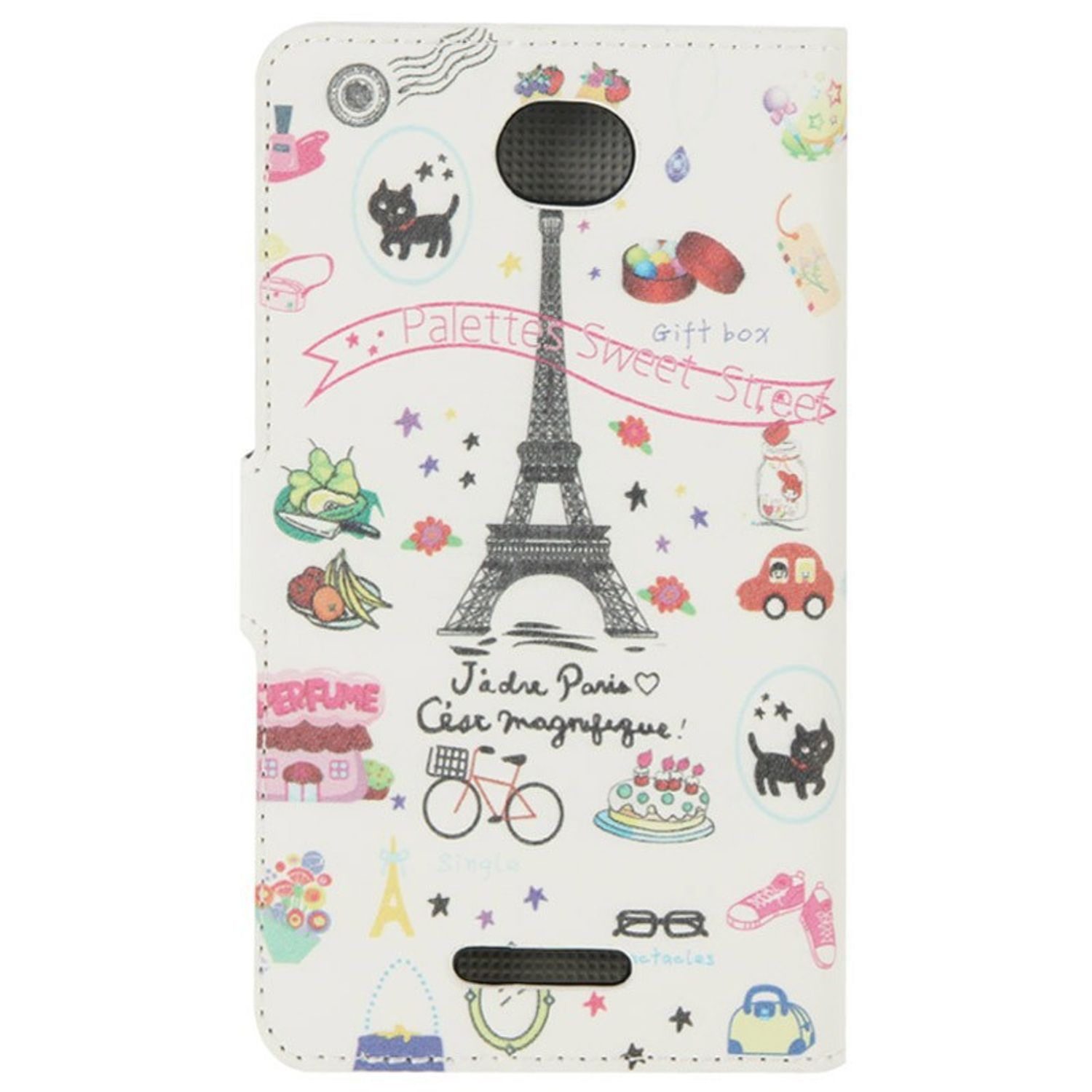 Weiße Handyhülle mit Paris-Motiv, Eiffelturm und Illustrationen.