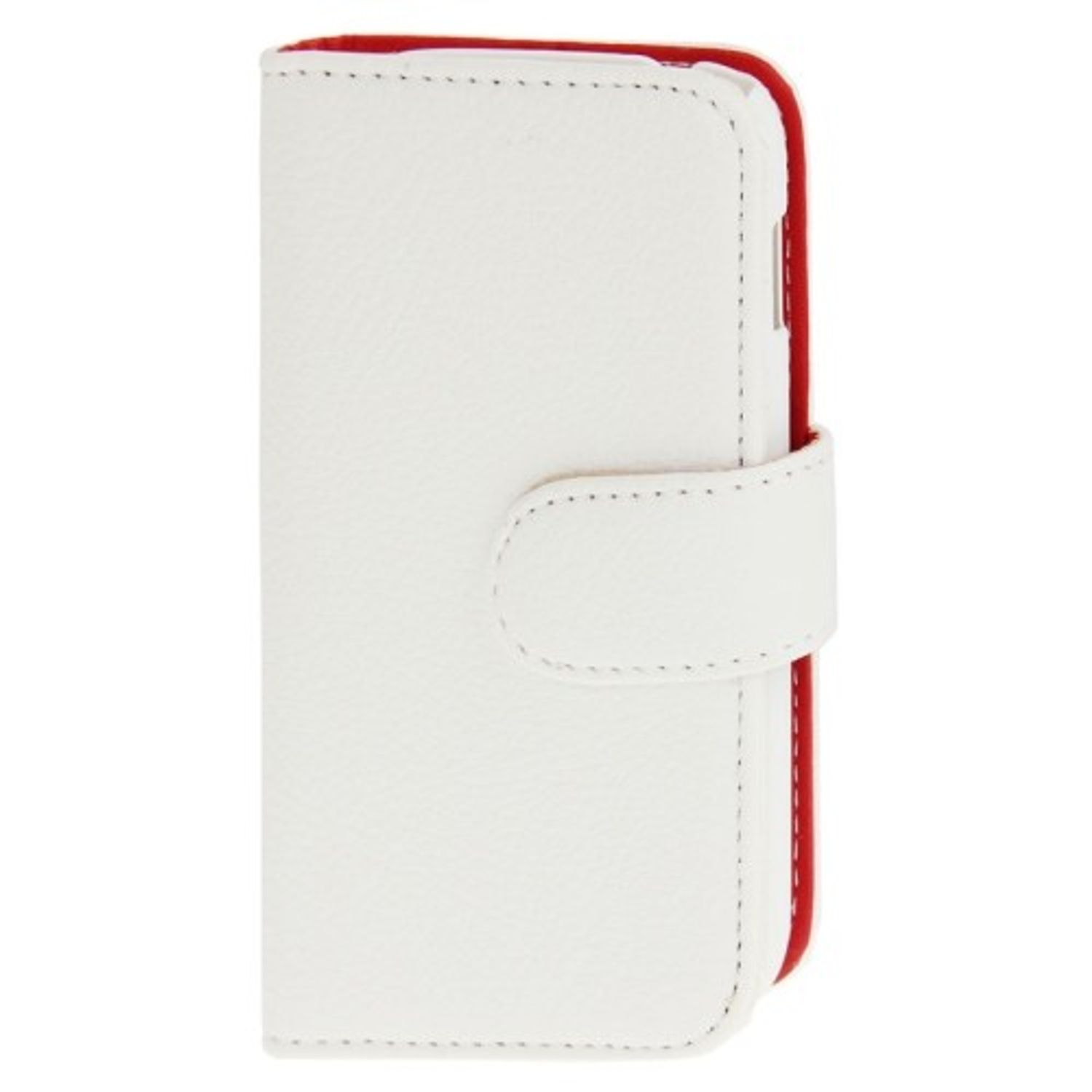 Weiße Handyhülle mit roter Innenseite. Weißer Knopf. Weißer Hintergrund.