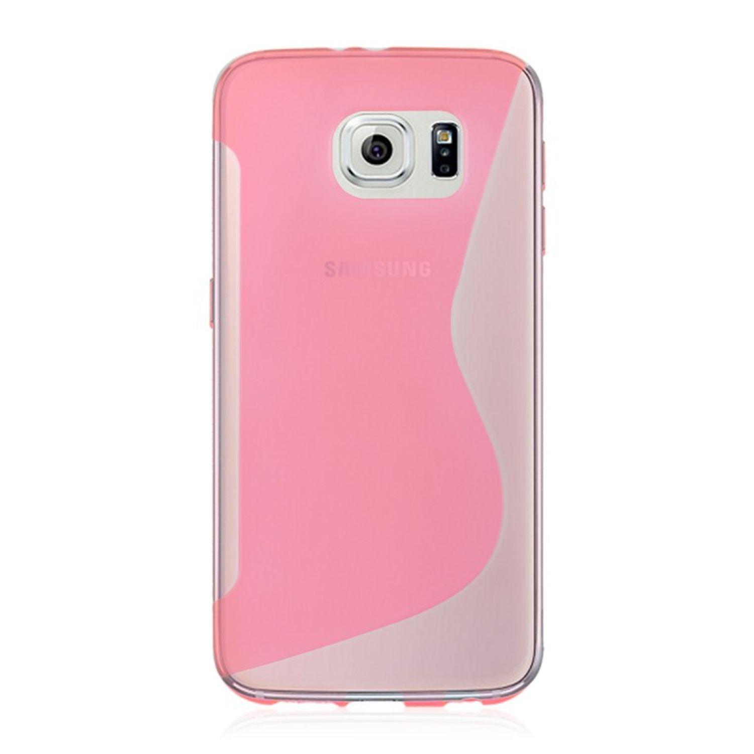 Eine rosa Handyhülle mit weißem Wellendesign. Eine Handyhülle befindet sich auf weißem Hintergrund.