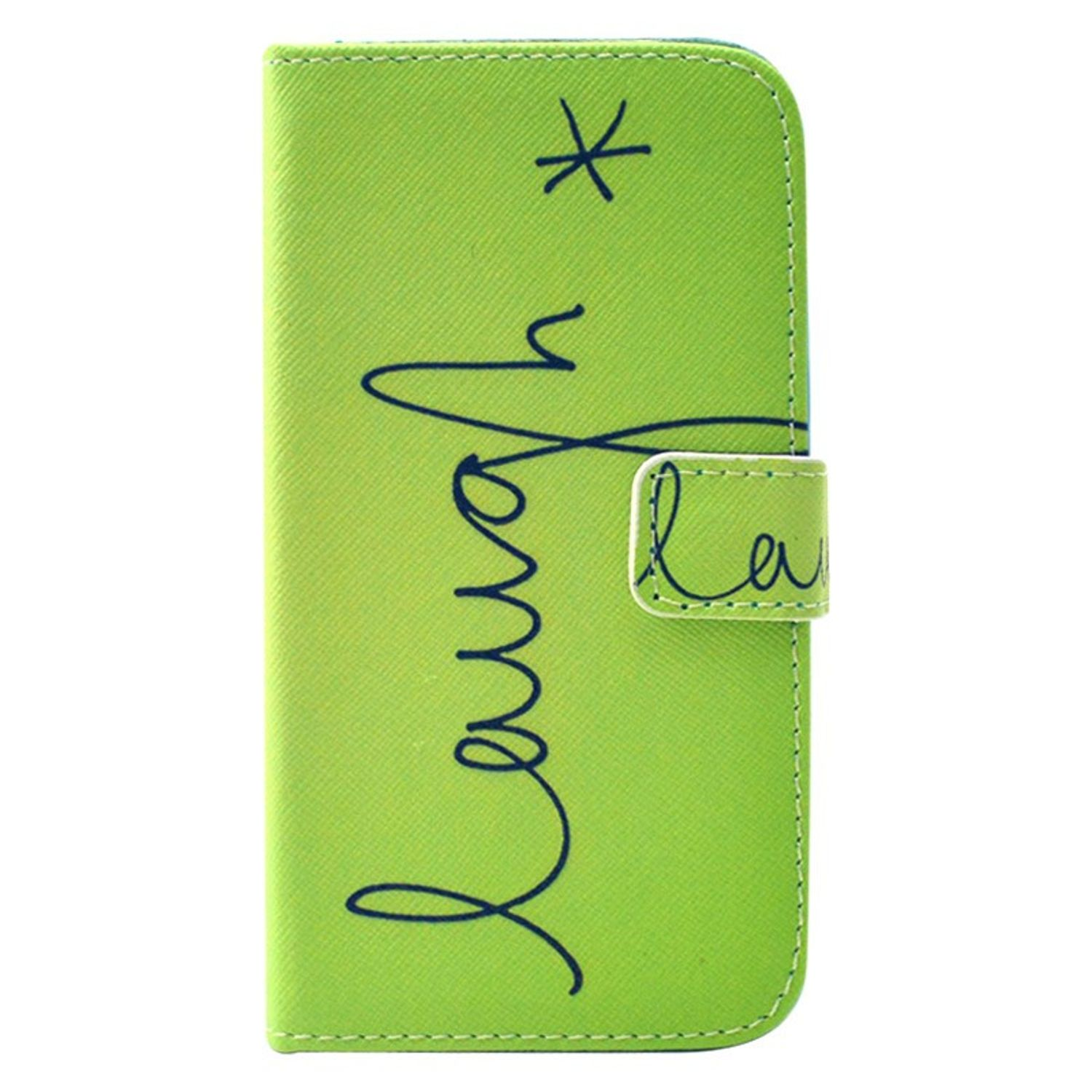 Grüne Handyhülle mit dem Wort 'laugh'.