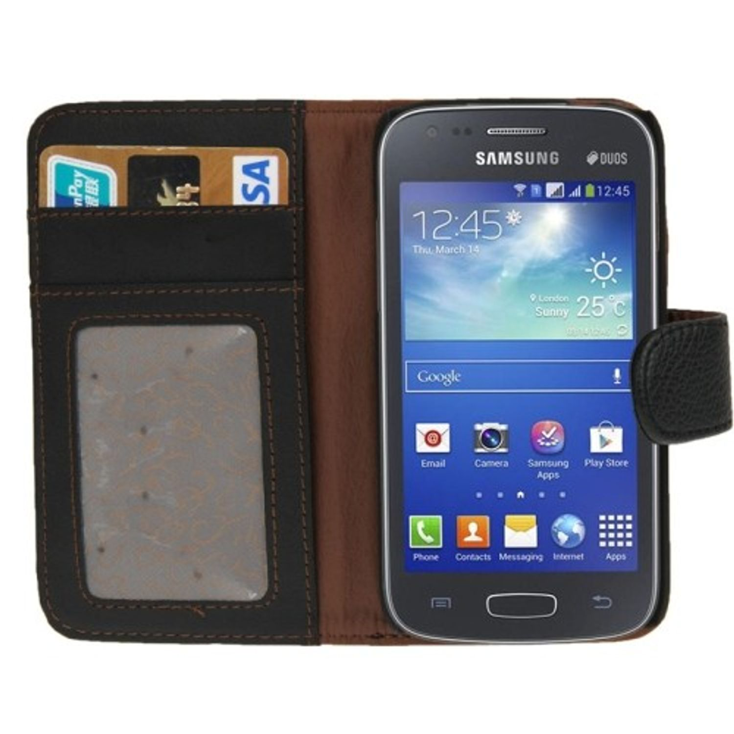 Samsung-Handy mit geöffneter brauner Geldbörsenhülle. Der Bildschirm ist an und zeigt.