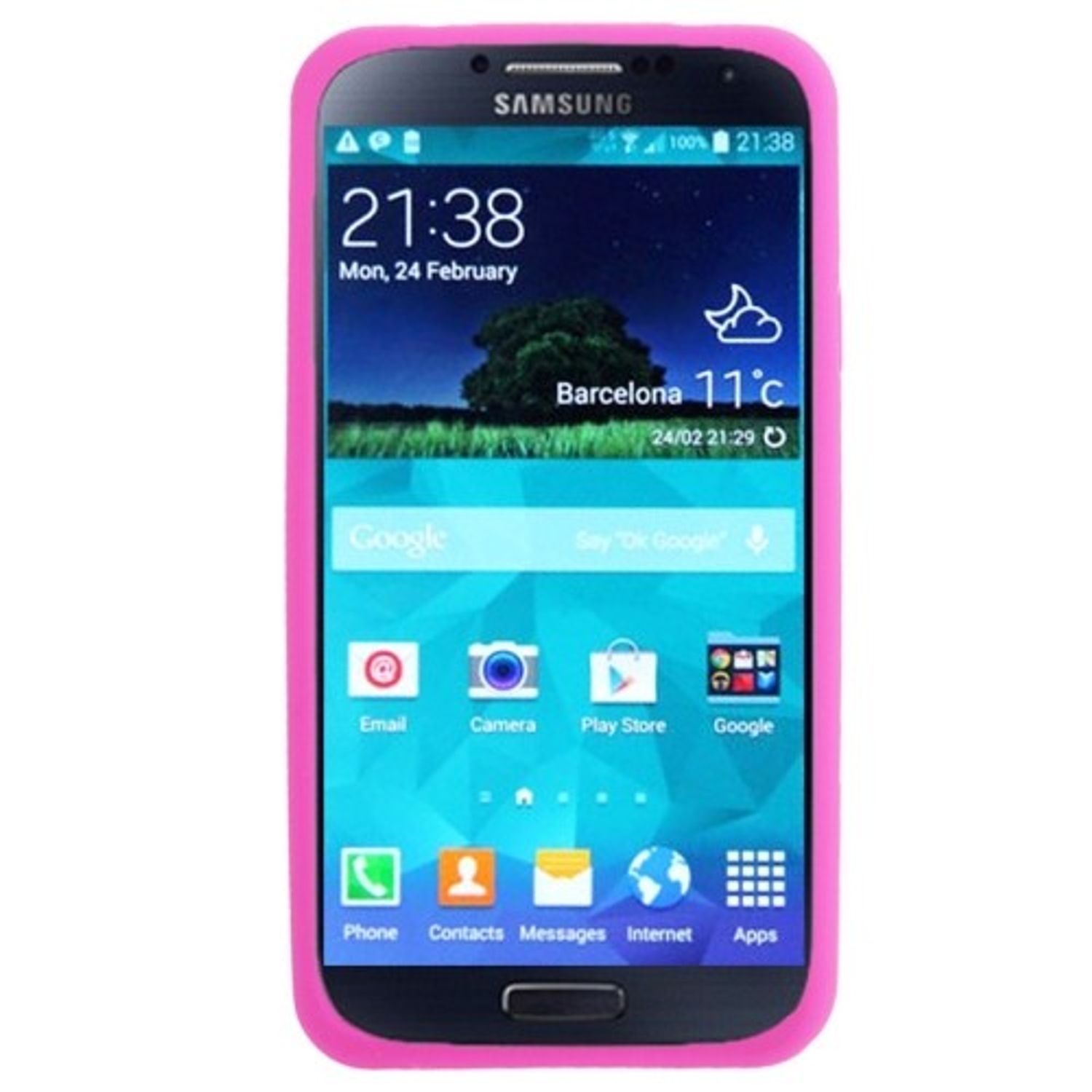 Ein Telefon in einem rosa Gehäuse, das den Bildschirm anzeigt. Weißer Hintergrund.