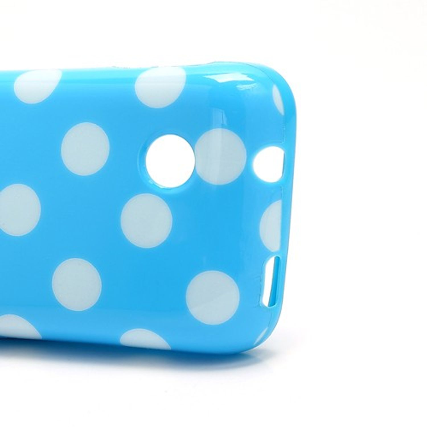 Blaue Handyhülle mit weißen Tupfen.