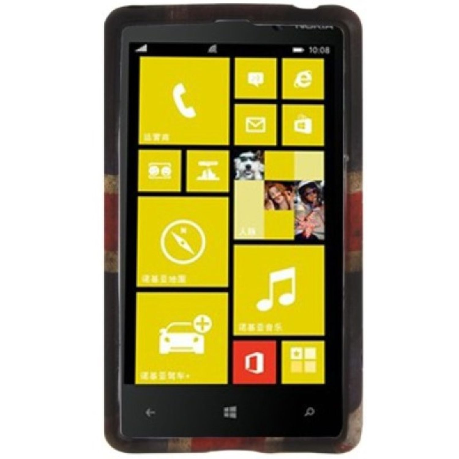 Nokia-Telefon mit Bildschirm mit bunten Symbolen und Union Jack-Design.