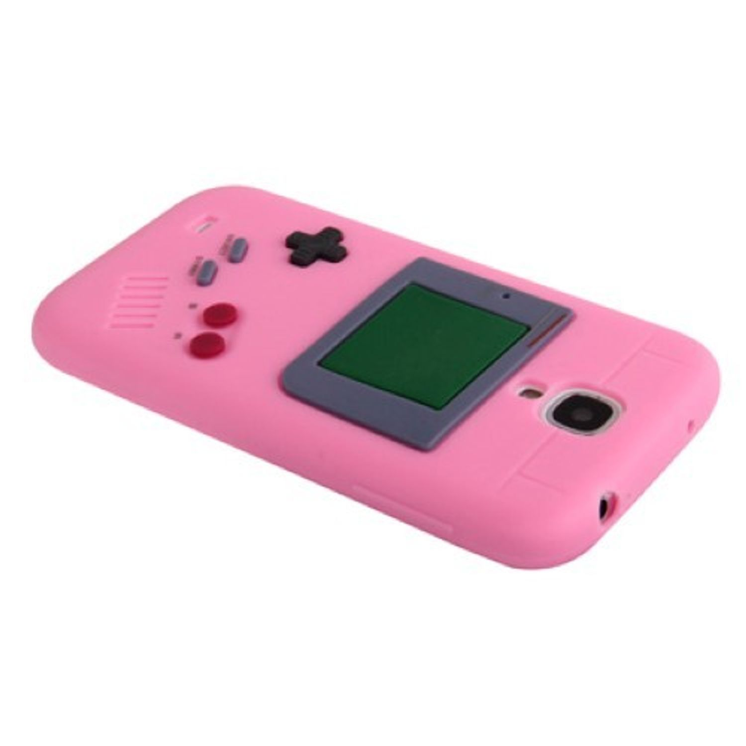 Eine pinke Handyhülle mit Gamecontroller-Knöpfen auf weißer Oberfläche.