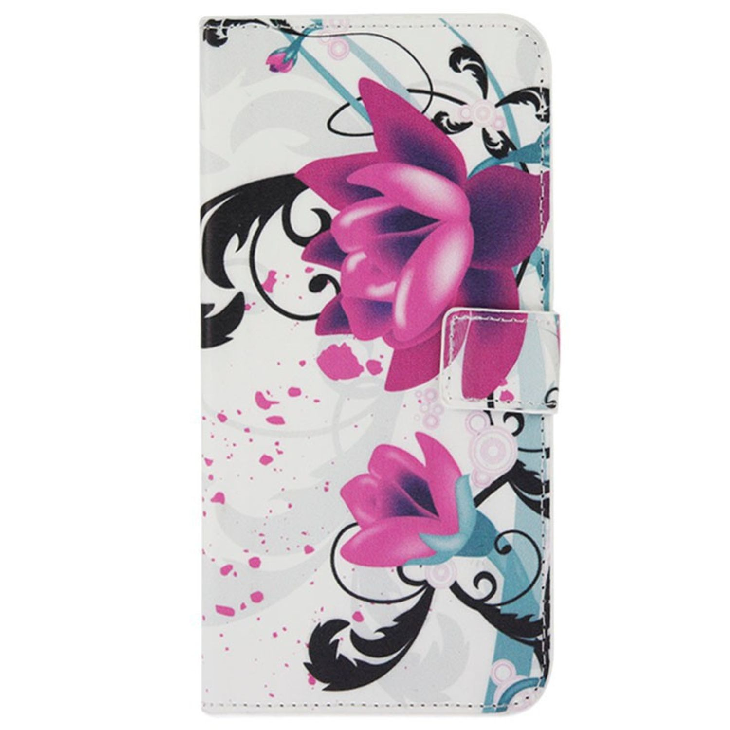 Weiße Handyhülle mit floralem Design aus rosa Blüten und schwarzen Blättern. Weißer Hintergrund.