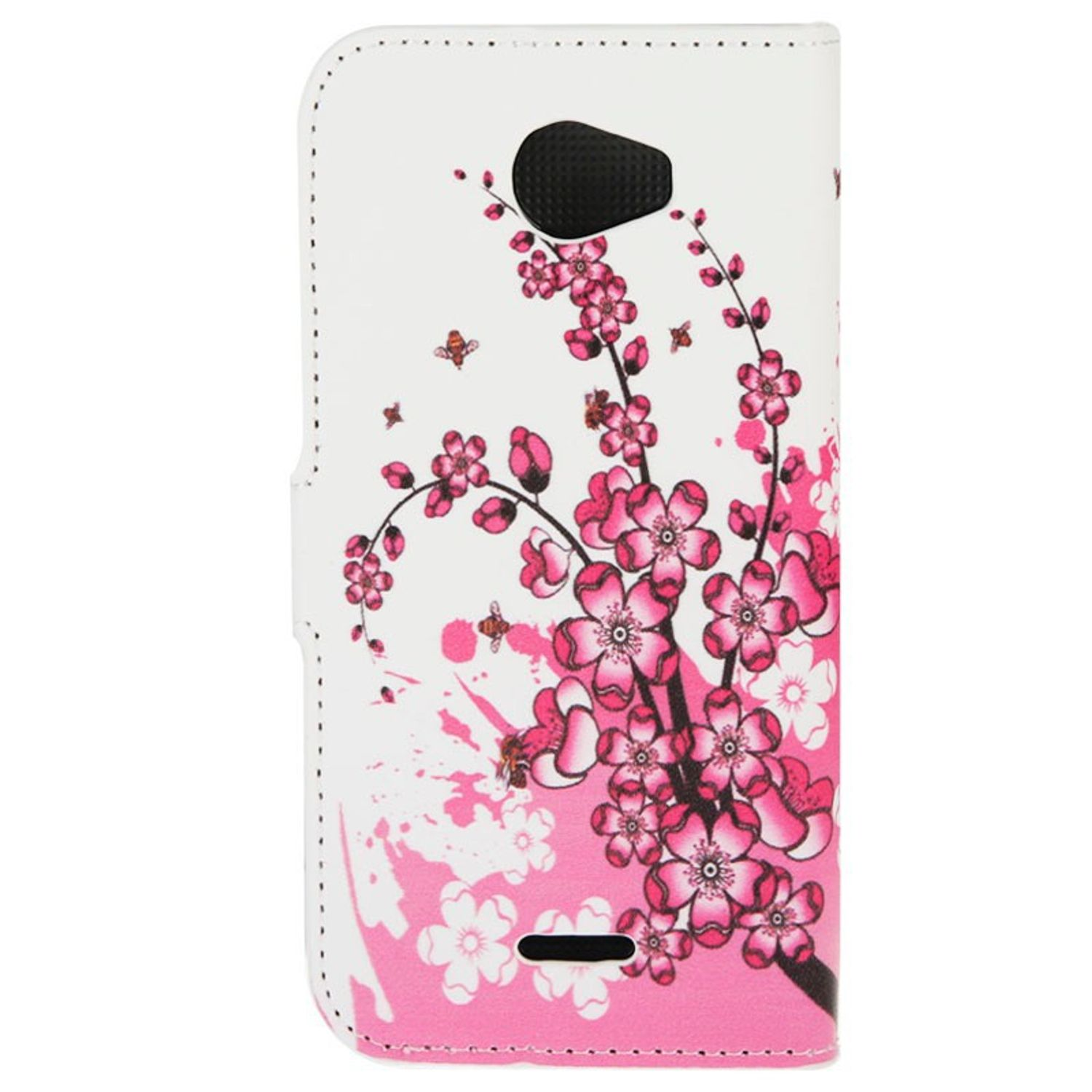 Weiße Handyhülle mit rosa Blumendesign. Die Hülle hat einen Riemen und einen weißen Hintergrund.