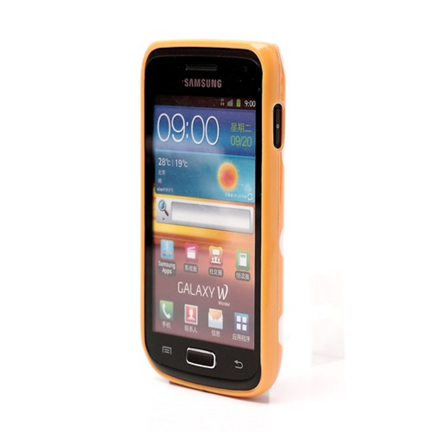 Eine orangefarbene Handyhülle um ein Samsung Galaxy W-Telefon. Der Bildschirm ist eingeschaltet und zeigt Apps an.