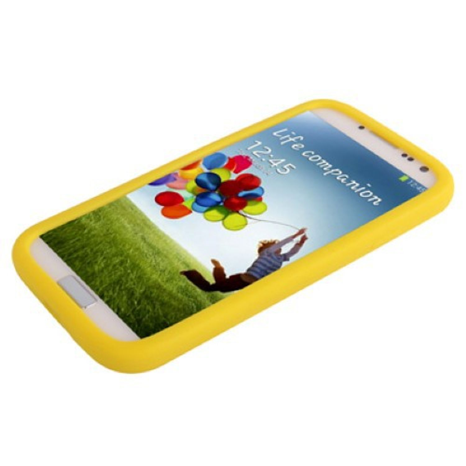 Gelbe Handyhülle mit einem Telefon, das einen Cartoon und Luftballons zeigt. Weißer Hintergrund.