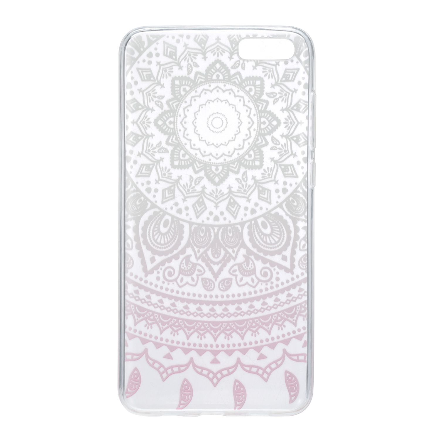 Transparente Handyhülle mit Mandala-Design in Rosa und Grau.