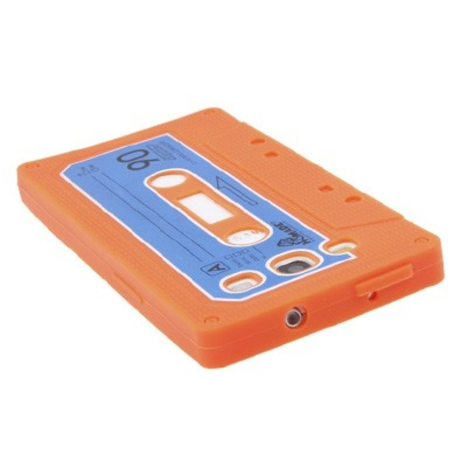 Orangenes Kassetten-Case mit blauem Etikett. Weißer Hintergrund.
