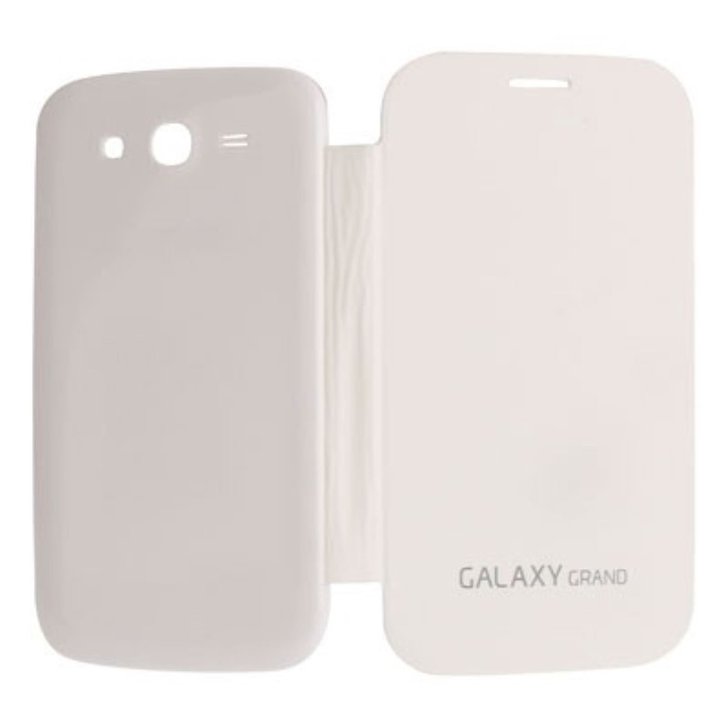 Eine weiße Handyhülle, offen, mit den Worten "GALAXY GRAND" auf der Vorderseite.