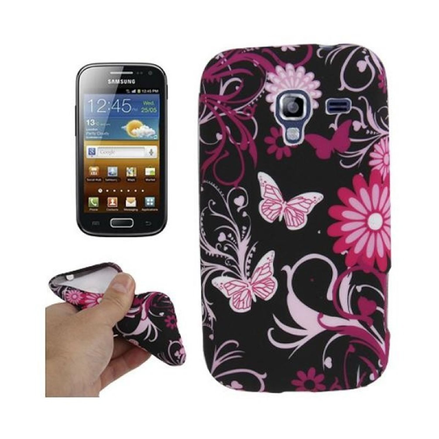 Eine schwarze Handyhülle mit floralem Design. Das Telefon wird in der Hülle gezeigt und von einer Hand gehalten.
