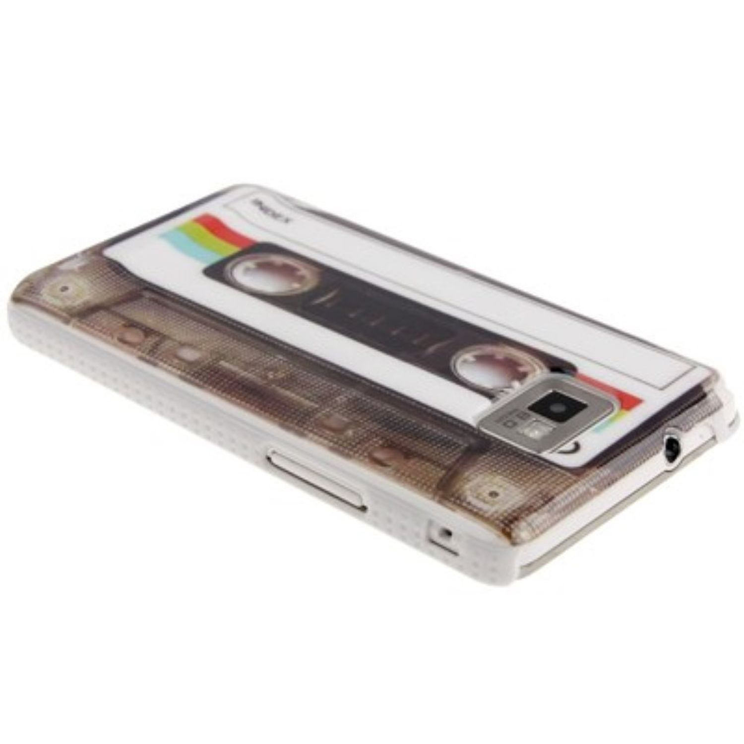 Handyhülle mit Kassettenband-Design. Das Telefon ist in der Hülle.