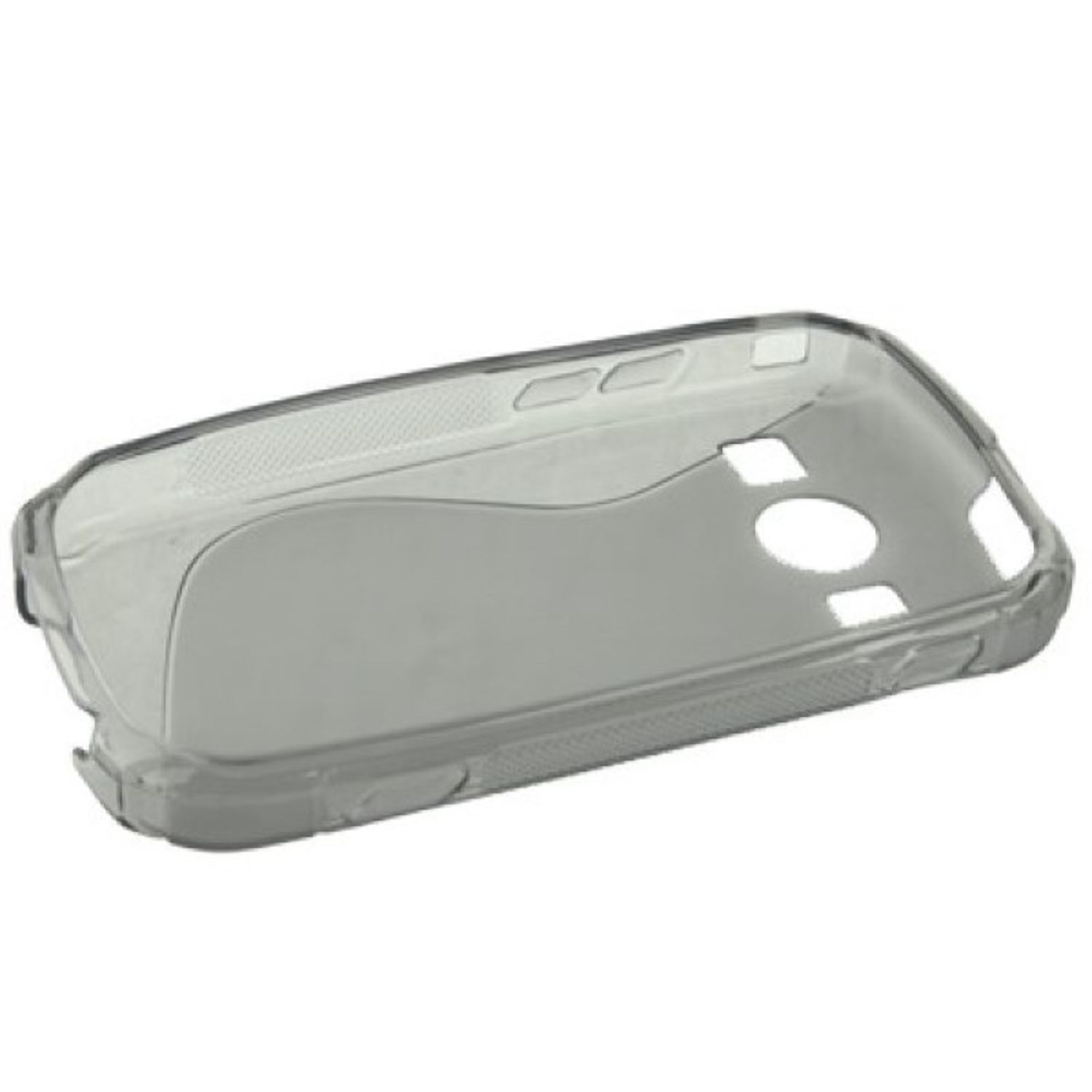 Eine transparente Handyhülle. Grautönung und geschwungenes Design.