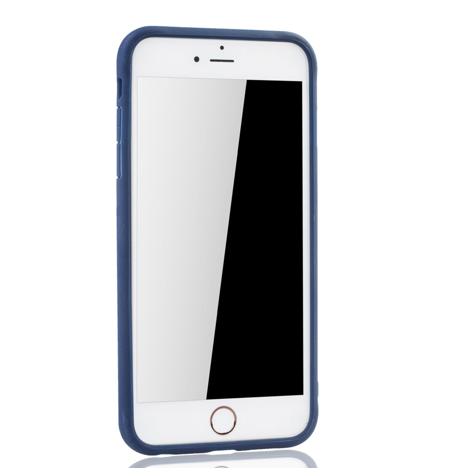 Ein Telefon in einer blauen Hülle zeigt einen schwarzen Bildschirm. Die Hülle hat ein weißes Innere und ein blaues Äußeres.
