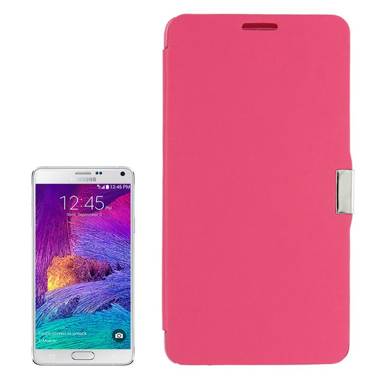 Rosa Handyhülle mit Telefon und sichtbarem Bildschirm. Weißer Hintergrund.