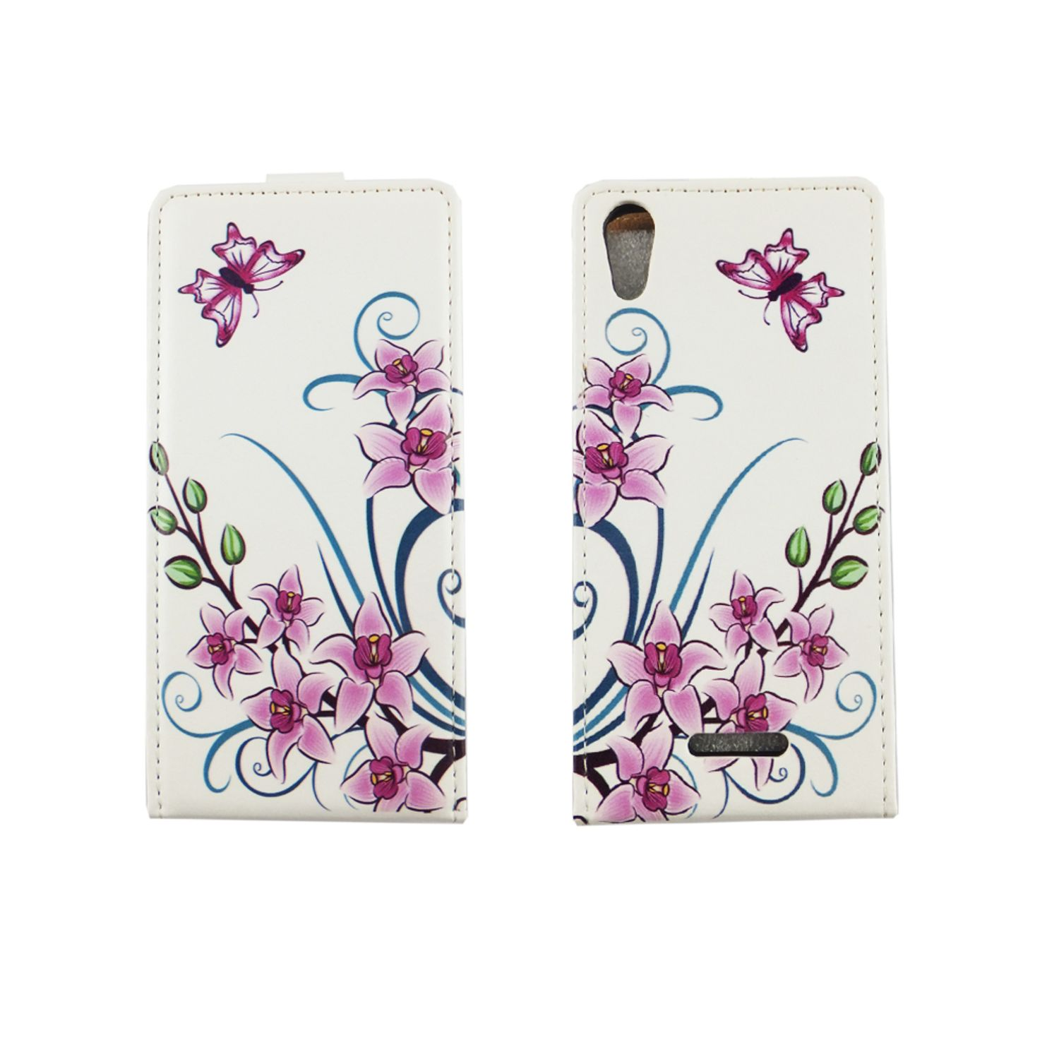 Weiße Handyhülle mit rosa Blumendesign und Schmetterlingen.