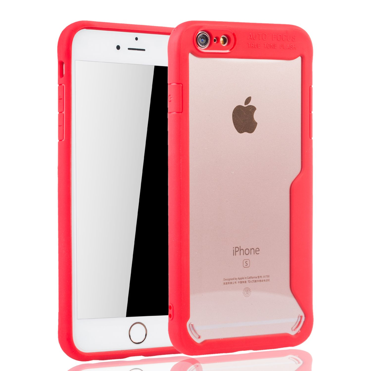 Rote Handyhülle mit einem iPhone. Das iPhone ist weiß und hat eine schwarze Kamera und ein rotes Gehäuse.