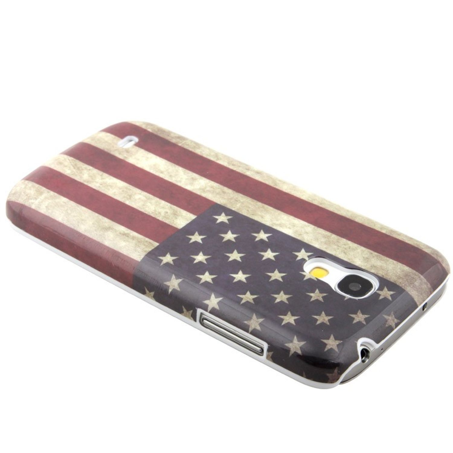 Eine Handyhülle mit amerikanischem Flaggen-Design. Die Handyhülle liegt auf einer weißen Oberfläche.