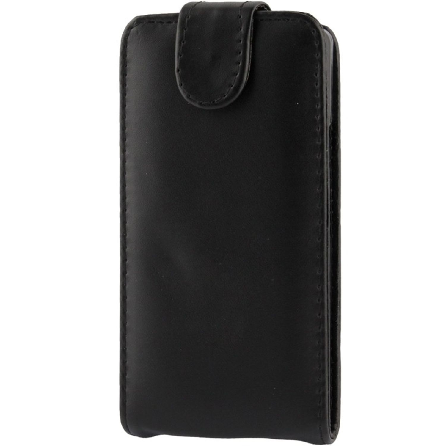 Geschlossene schwarze Handyhülle. Sie ist aus Leder und hat einen Magnetverschluss.