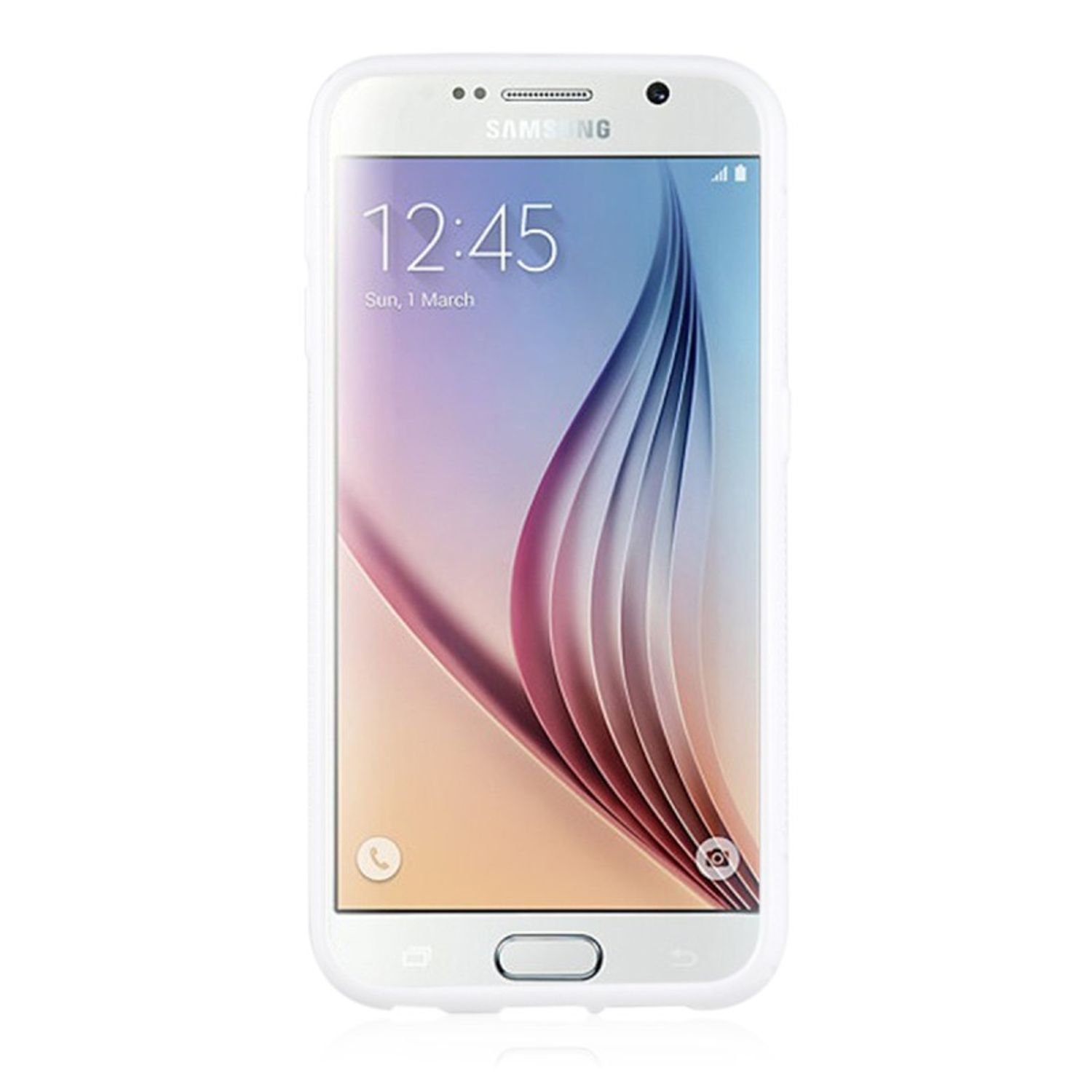 Weißes Telefon mit weißer Hülle. Telefon zeigt Zeit und Apps. Weißer Hintergrund.