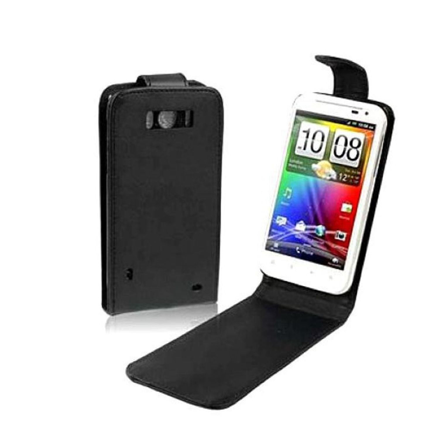 Schwarzes Telefon mit offener schwarzer Hülle, weißer Hintergrund.