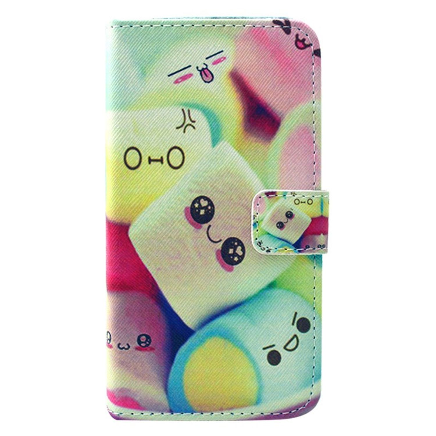 Handyhülle mit bunten Marshmallow-Figuren. Die Hülle wird mit einer Klappe mit einem Marshmallow geschlossen.