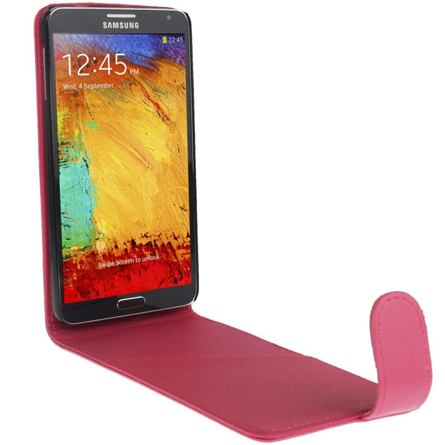 Telefon in rosa Hülle, geöffnet. Zeigt Uhrzeit und Datum. Dunkelrosa Hintergrund.