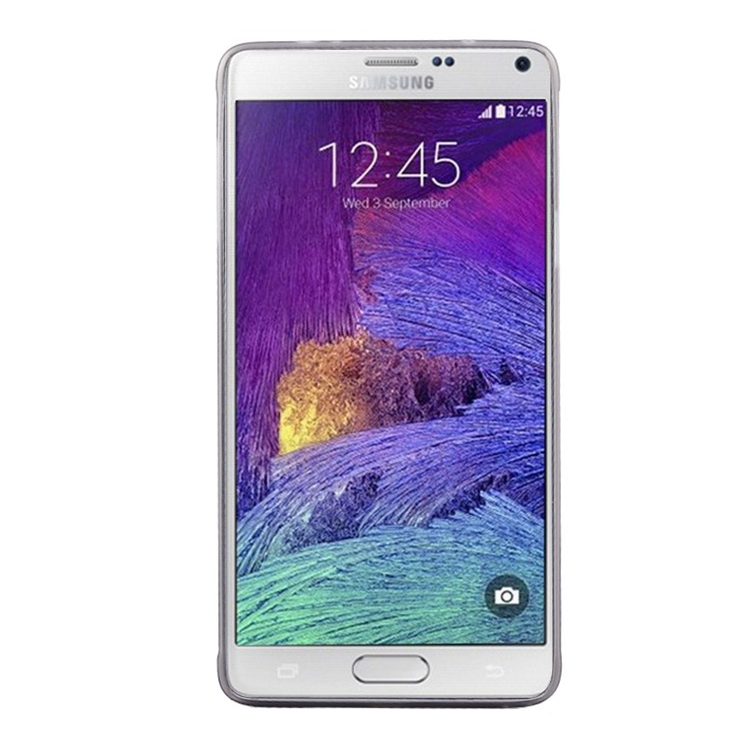 Samsung-Telefon, zeigt die Uhrzeit, auf weißem Hintergrund.