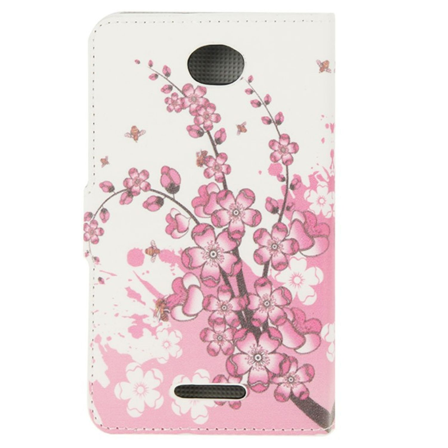 Weiße Handyhülle mit rosa Blumendesign. Rosa Blumen und Bienen verzieren die Hülle, geöffnet.