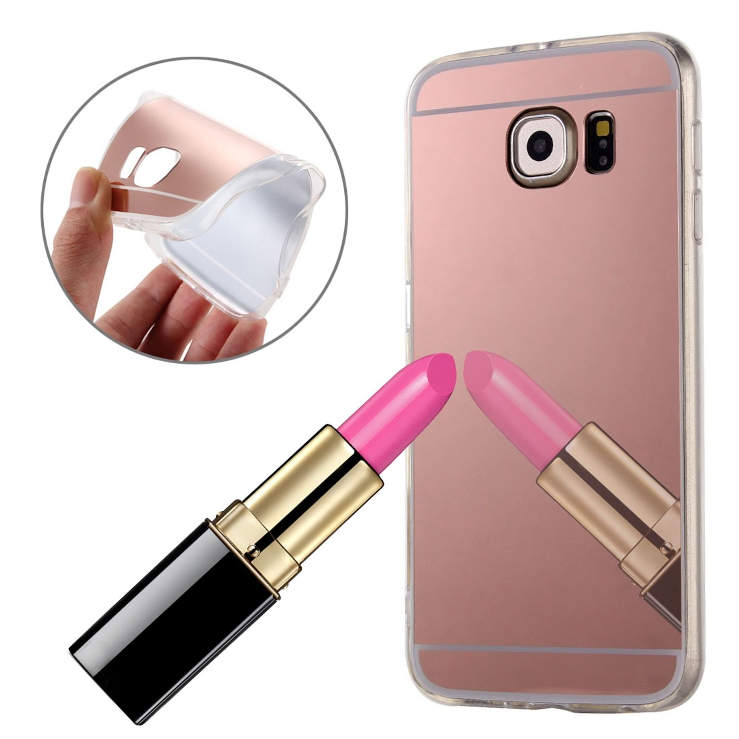 Roségoldene Handyhülle mit Lippenstift. Auch eine Spiegelreflexion eines Lippenstifts ist vorhanden.